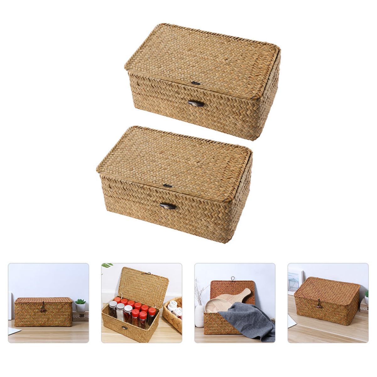 Ciieeo 2piezas Cajas De Almacenamiento De Natural Con Tapa De Cesto Organizador De Playa Para Juguetes y Ropa Mediano