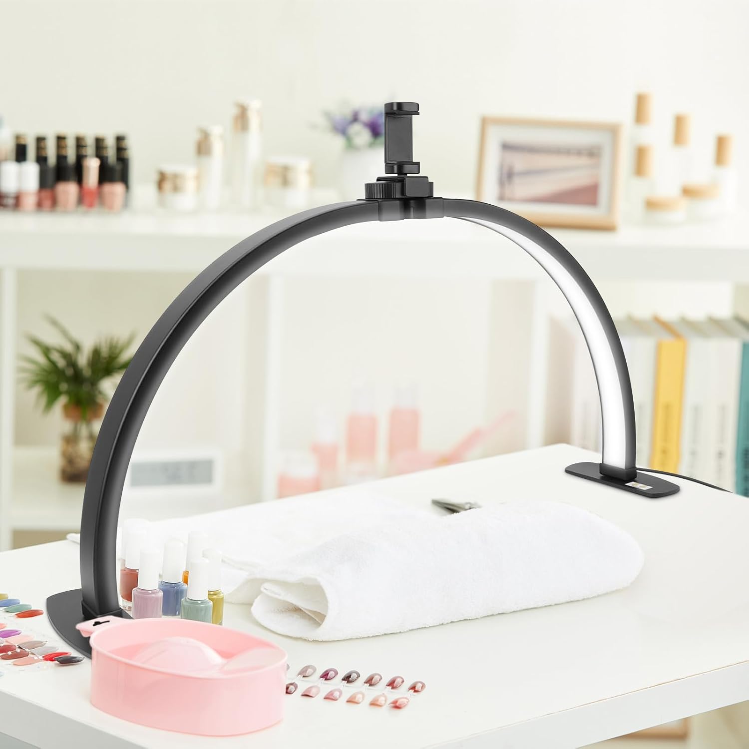 Ejoyous Half Moon Light for Nail Desk, Foldable Led Nail Tech Light Desk Lamp with 3 Color Modes, 10 Adjustable Brightness, Phone Holder for Home Salon Tattoo Lash Eyelash Extension (US