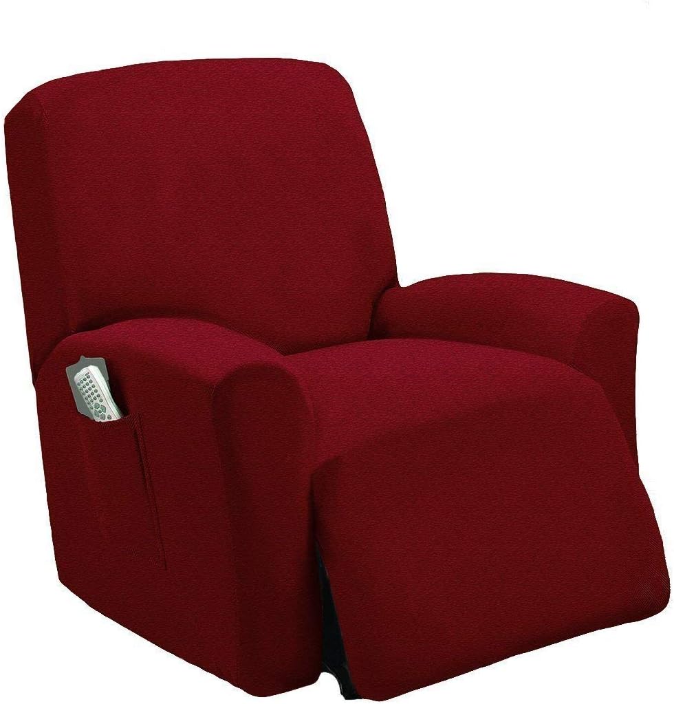 Luxury Home Collection One Piece Stretch Recliner Chair Slipcover with Remote Pocket Fits Most Recliner Chairs (Burgundy)