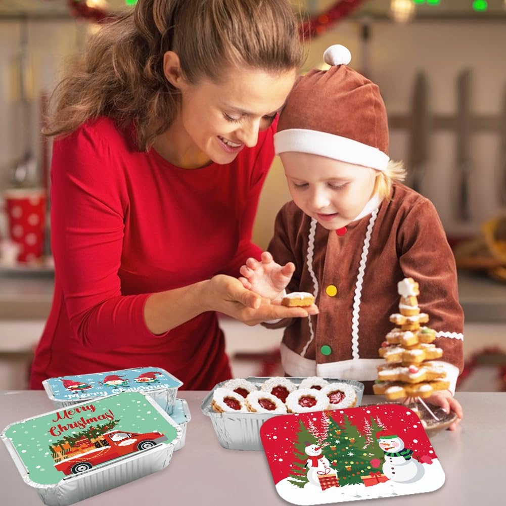 CAMIRUS 42PCS Christmas Foil Containers With Lid, Santa Disposable Aluminum Pans for Leftovers, Baking, Cooking, Party Storage