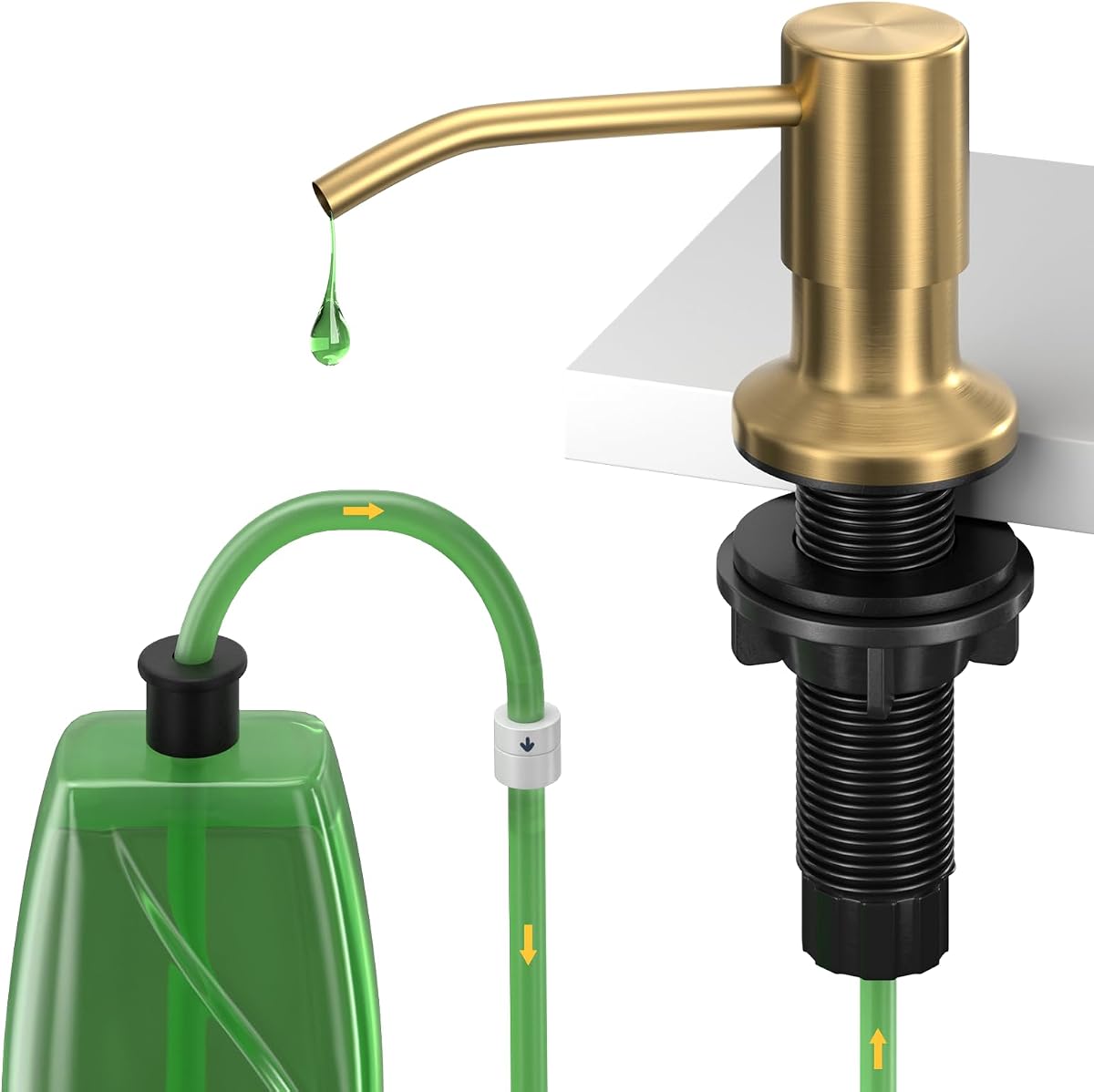 Dispensador de jabón para fregadero de cocina, dispensador de jabón integrado, kit de tubo de extensión de 47 pulgadas, bomba dispensadora de loción para mostrador, no necesita más recambios (dorado)