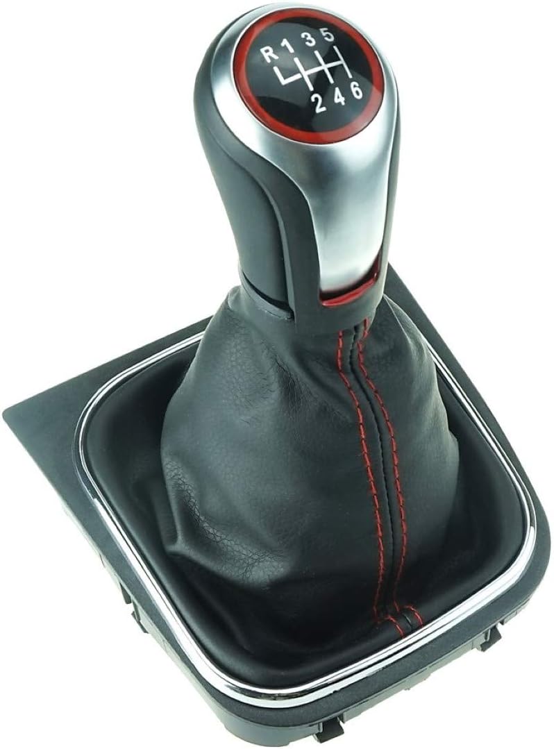 Gear Knob Gear Stick Cuff Frame 6 Gears Silver Red Ring Red Stitching