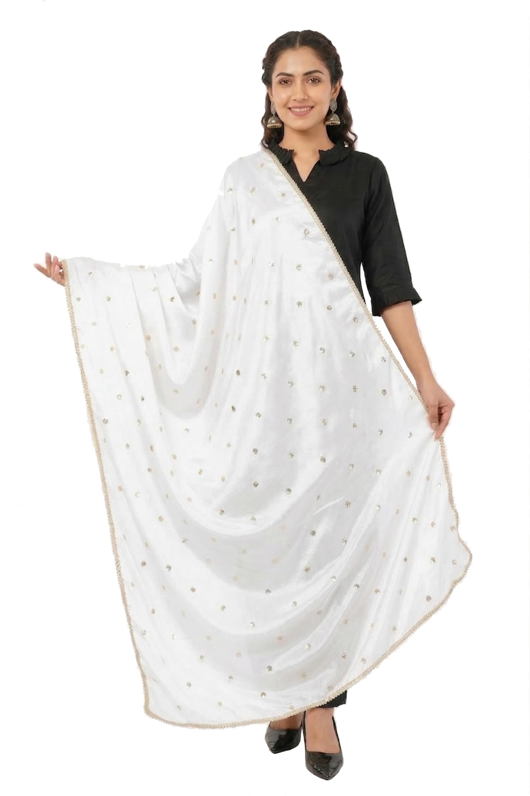 Chinnon Silk Dupatta Sequence Work for Womens & Girls With 4 Side Scalloped Border-image-3