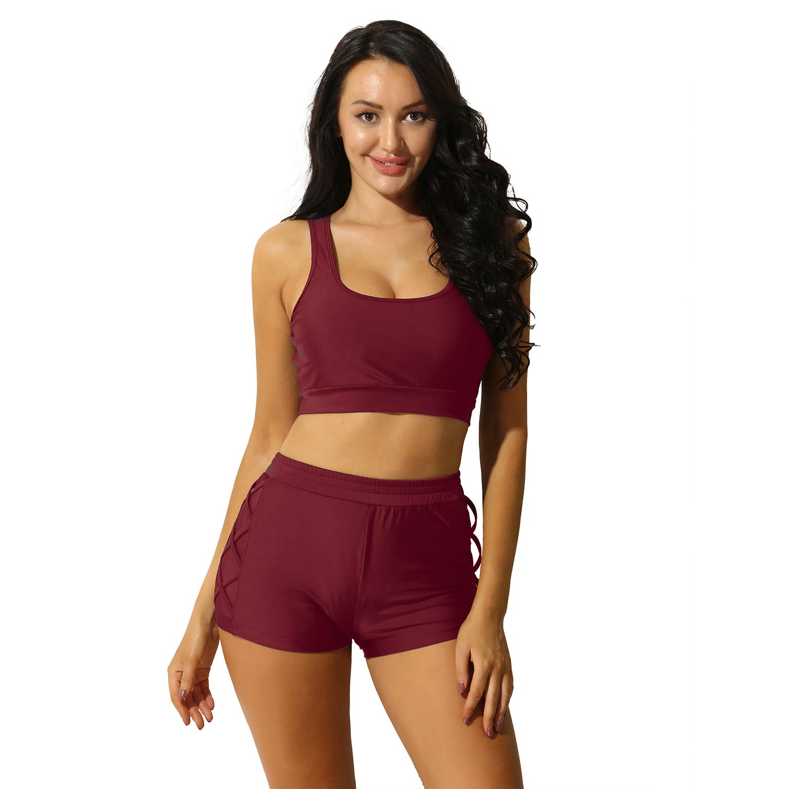 TTAO Womens Sport Two Piece Swimsuits Racerback Tops with Boyshort Bottom Summer Bathing Suits Burgundy X-Large