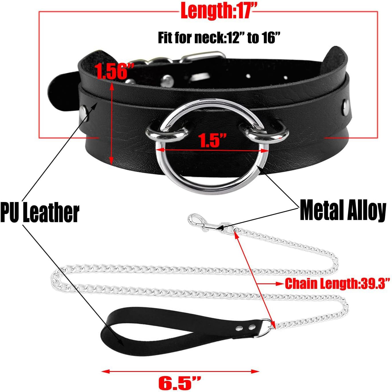 Black Wide Soft Faux Leather Collar Choker and Chain Set,Adjustable Thick PU Necklace for Cosplay, Big Ring Charm Chocker - Image 6