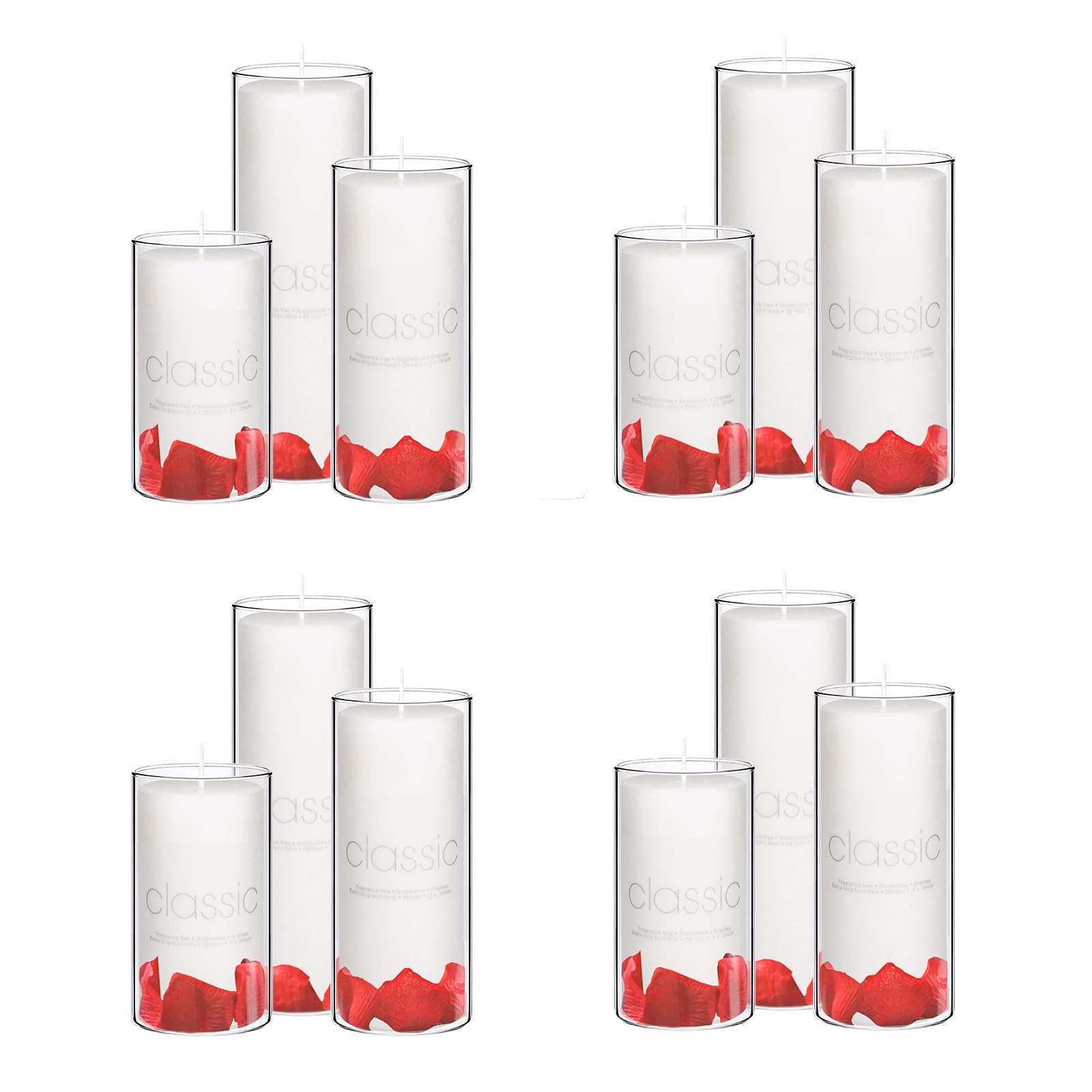 KZITLFE 24 Pcs Pillar Candles and Glass - Wedding Candles for Tables?2.6'' X 4.7'', 6'', 8'' White Pillar Candles Bulk in Glass for Weddings, Parties, Dinners Decorative (12 Set)