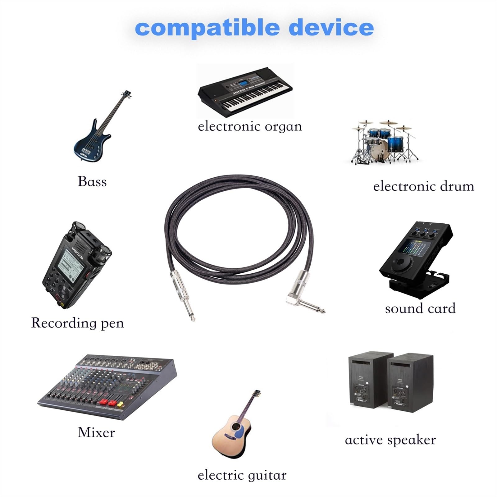 kabel audio instrumentu muzycznego Podwójnie Ekranowany Kabel Do Gitary Elektrycznej Z Miedzi Beztlenowej Z Redukcją Szumów Prosty Do Łokcia TS 6,35 Mm 1/4 Cala Mono(5m)