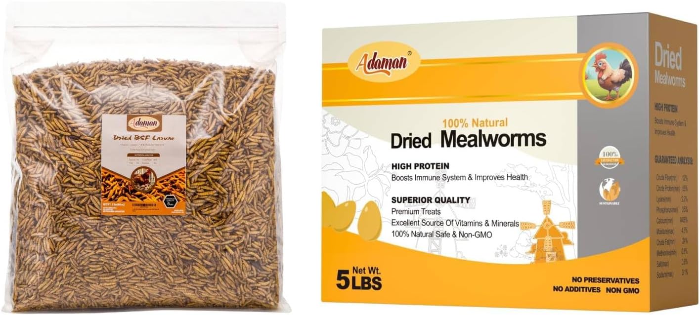 Adaman Dried Black Soldier Fly Larvae 5 LBS & Dried Mealworms 5 LBS, 100% Natural High-Protein Chickens Treats, Food for Birds, Ducks, Layer Hens