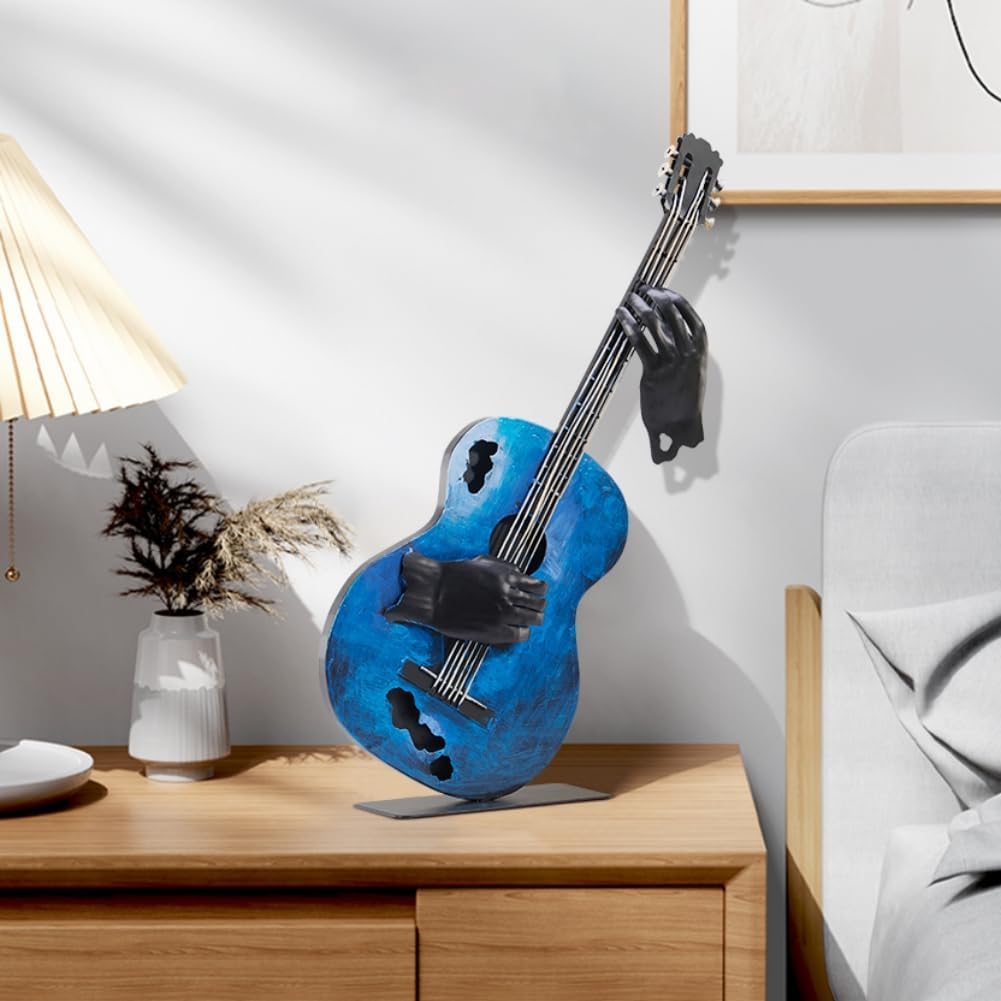 Metal Music Decor, 23” H Handmade Guitar Sculpture Home Decor, Hand-Painted Western Statue Decorations for Living Room, for Music Lovers Musician & Teachers (Vintage Blue)