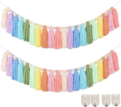 NYEBS 2 guirnaldas de borlas de arco iris, guirnalda de cuentas de madera, bohemio, para dormitorio, aula, oficina, habitación de niños, fiesta de