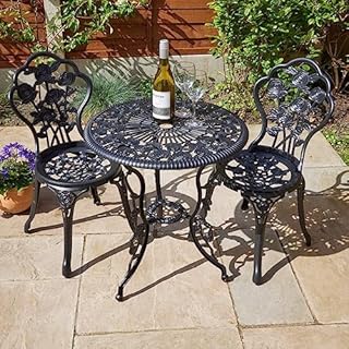 Home Source Rose Garden Patio Outdoor Bistro Set Table and 2 Chairs Metal Garden Furniture, Black
