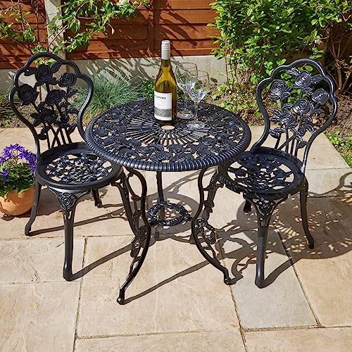 Home Source Rose Garden Patio Outdoor Bistro Set Table and 2 Chairs Metal Garden Furniture, Black Home Source Rose Garden Patio Outdoor Bistro Set Table and 2 Chairs Metal Garden Furniture, Black