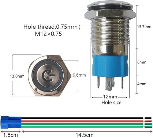 Miniatura 3 de Gebildet Interruptor de botón de bloqueo automático de acero inoxidable de 0.47 pulgadas0.472 in, 12 V-24 V, 3A, símbolo de alimentación, LED,