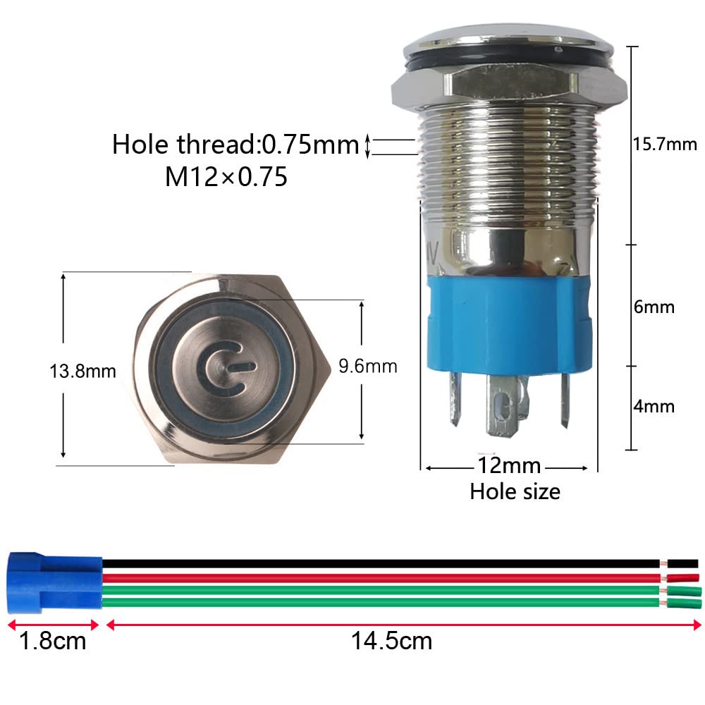 Gebildet 2pcs 0.47"/12mm Stainless Steel Self-locking Latching Push Button Switch 12V-24V 3A Power Symbol LED Normally Open SPST ON Off Waterproof Toggle Switch with Wire Socket Plug (Blue+Red)