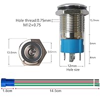 Vista 3 de Interruptor de botón de bloqueo automático de acero inoxidable de 0.47 pulgadas/0.472 in, 12 V-24 V, 3 A, símbolo de alimentación, LED, normalmente