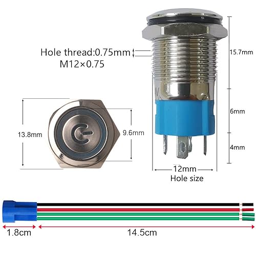 Miniatura 3 de Gebildet Interruptor de botón de bloqueo automático de acero inoxidable de 0.47 pulgadas0.472 in, 12 V-24 V, 3A, símbolo de alimentación, LED,