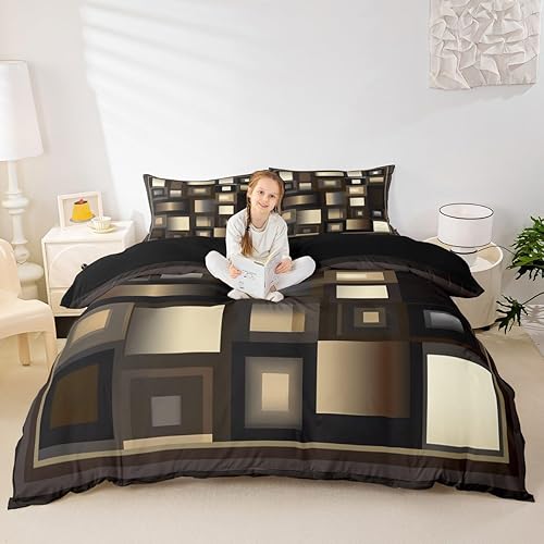 Juego de ropa de cama cuadrada con cuadrícula, color marrón, blanco y caqui, funda de edredón para niños, adolescentes, niños y niñas, funda de