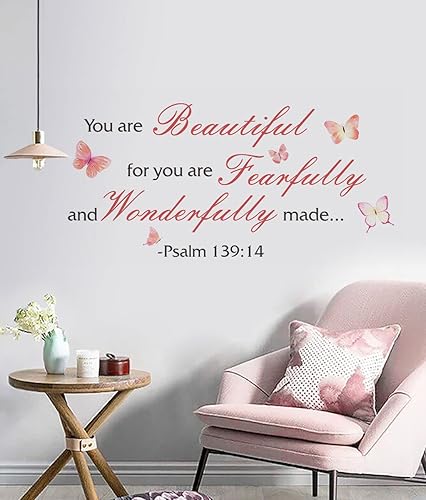 Miniatura 2 de Calcomanías de pared de mariposas coloridas con versículo bíblico, You are Beautiful for You are Fearfully and Wonderfully Made - Calcomanías de