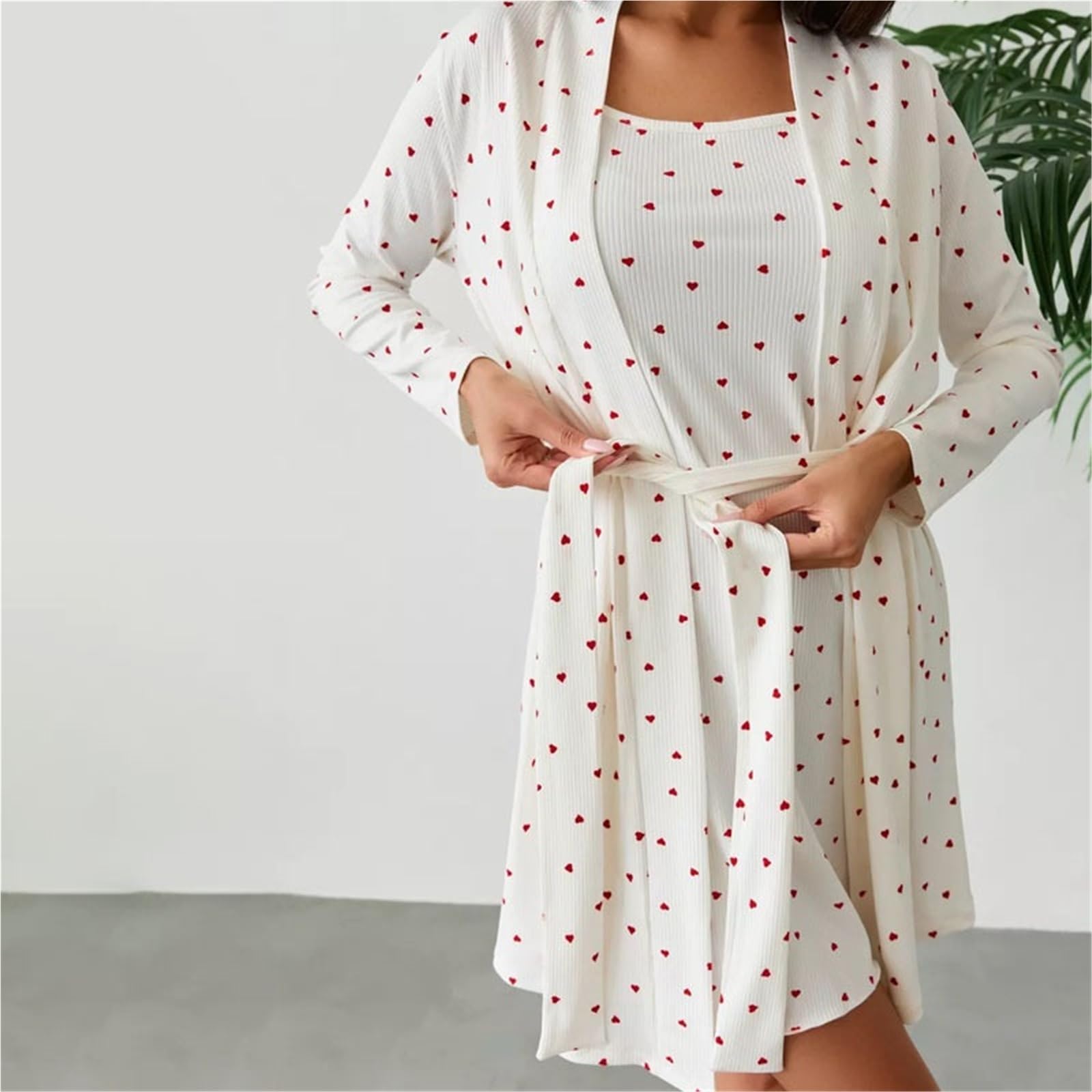 Conjunto de Pijama Dos Piezas con Estampado Lunares, minivestidos, cárdigan Manga Larga Cordones, Traje Informal for salón, Verano para Descanso en casa