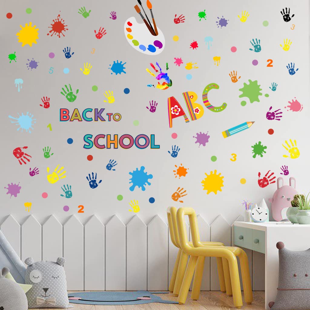 Colorful Inspirational Quotes Wall Decals PVC Paint Splatter Handprint Wall Stickers Back to School Sticker Positive Saying Wall Decals for Nursery Classroom School Kids Bedroom Playroom Wall Decor