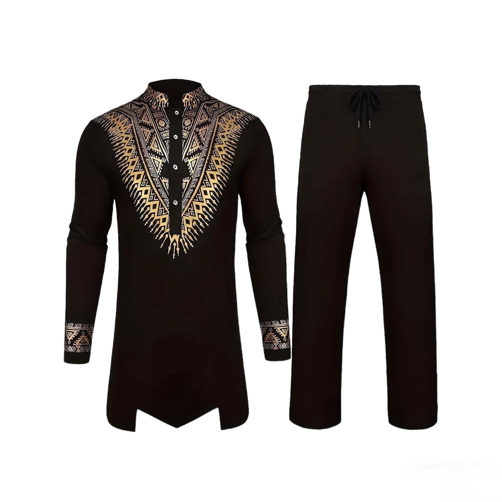 Abito Da Uomo Africano A Maniche Lunghe Dashiki Con Stampa E Pantaloni Dorati, Vestito Tradizionale 2 Pezzi Arabi Islamici Caftano Etnici Da Preghiera Morbido Da Sposa Confortevole