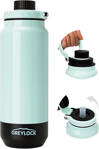 Vista 14 de GREYLOCK Botella de Agua Aislada de 24 onzas con tapa con popote, Frasco de Vacío de Acero Inoxidable Reutilizable a prueba de fugas, fría