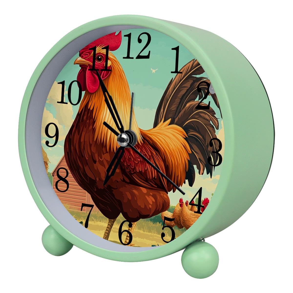 Luoweisi Alarm Clock Fram Chicken Rooster, Silent Non-Ticking with Night Light, Round Metal Alarm Clock for Office, Battery Operated, Bedroom, Elderly, Adults, Children, Student Gifts