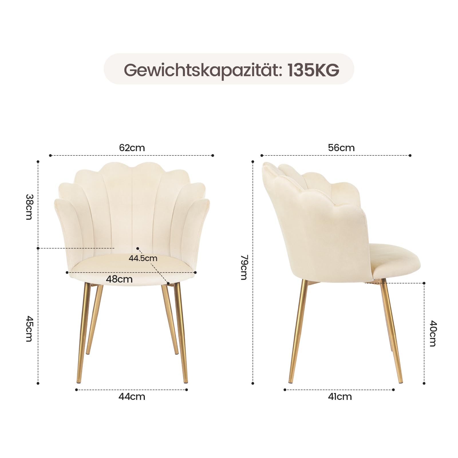 Sedia da toeletta, poltrona in velluto con gambe in metallo dorate, elegante sedia imbottita per il soggiorno, comoda sedia da salotto, sedia con braccioli in design moderno, 62 x 56 x 79 cm