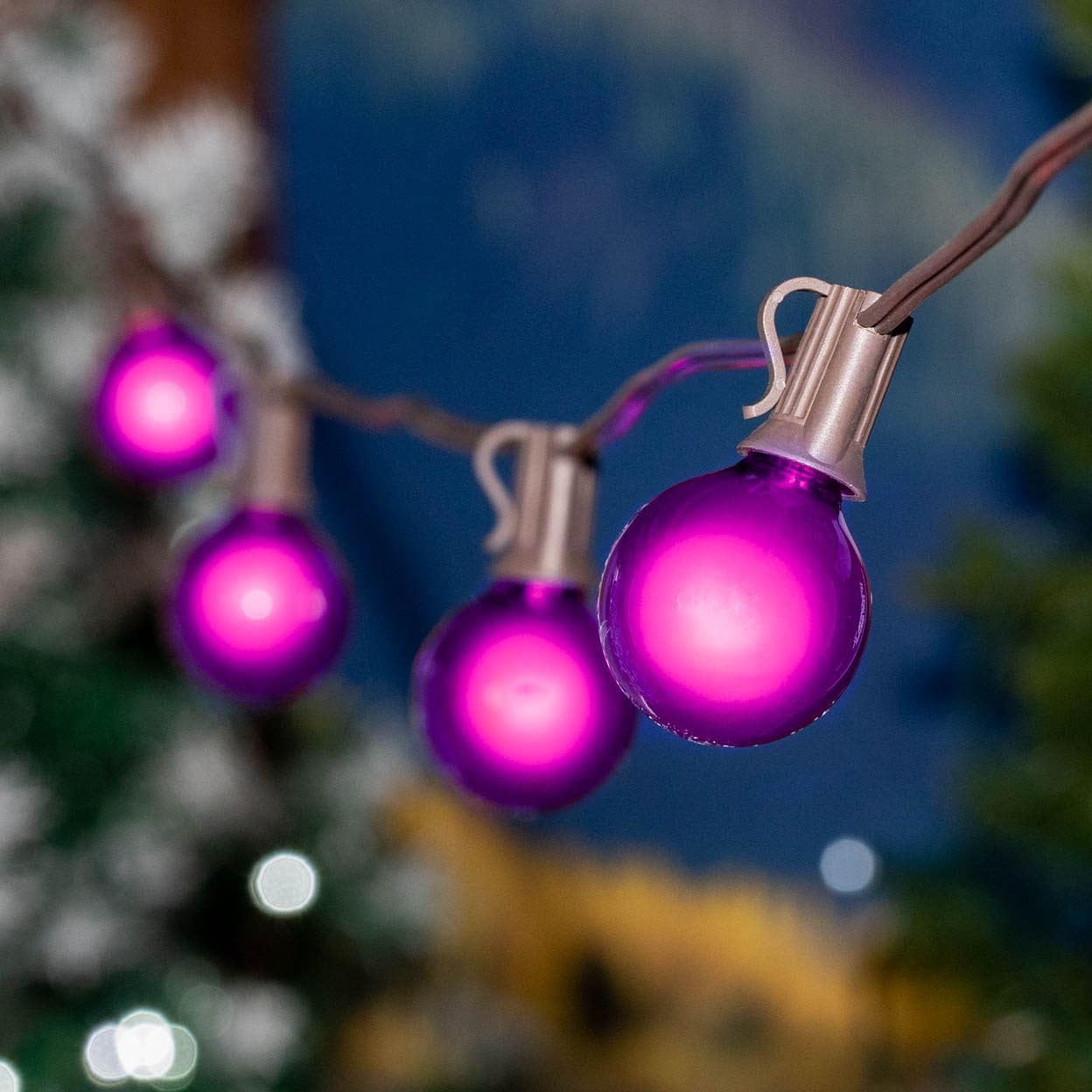 100 Foot G40 Outdoor Patio String Lights with 125 Purple Globe Bulbs – Indoor Outdoor String Lights – Market Bistro Café Hanging String Lights – C7/E12 Base - Brown Wire