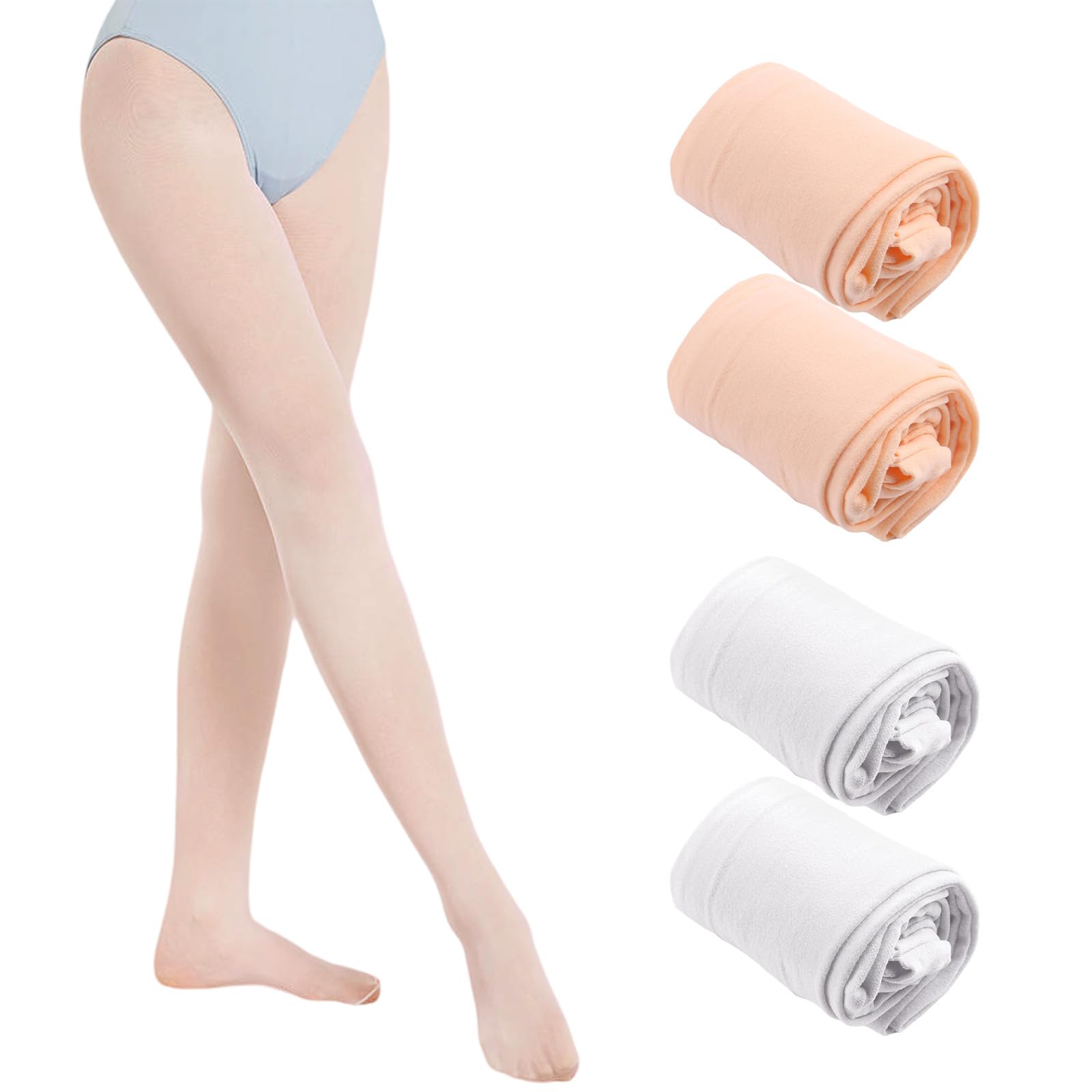 4 Paar Ballett Strumpfhose Mädchen 80 DEN Feinstrumpfhose Ballettstrumpfhose Mädchen Elastisch Atmungsaktiv Tanzstrumpfhose mit Fuß Hautfarbe Weiß für Tanzkurs Leistung Alltag Kinder 5–9 Jahren