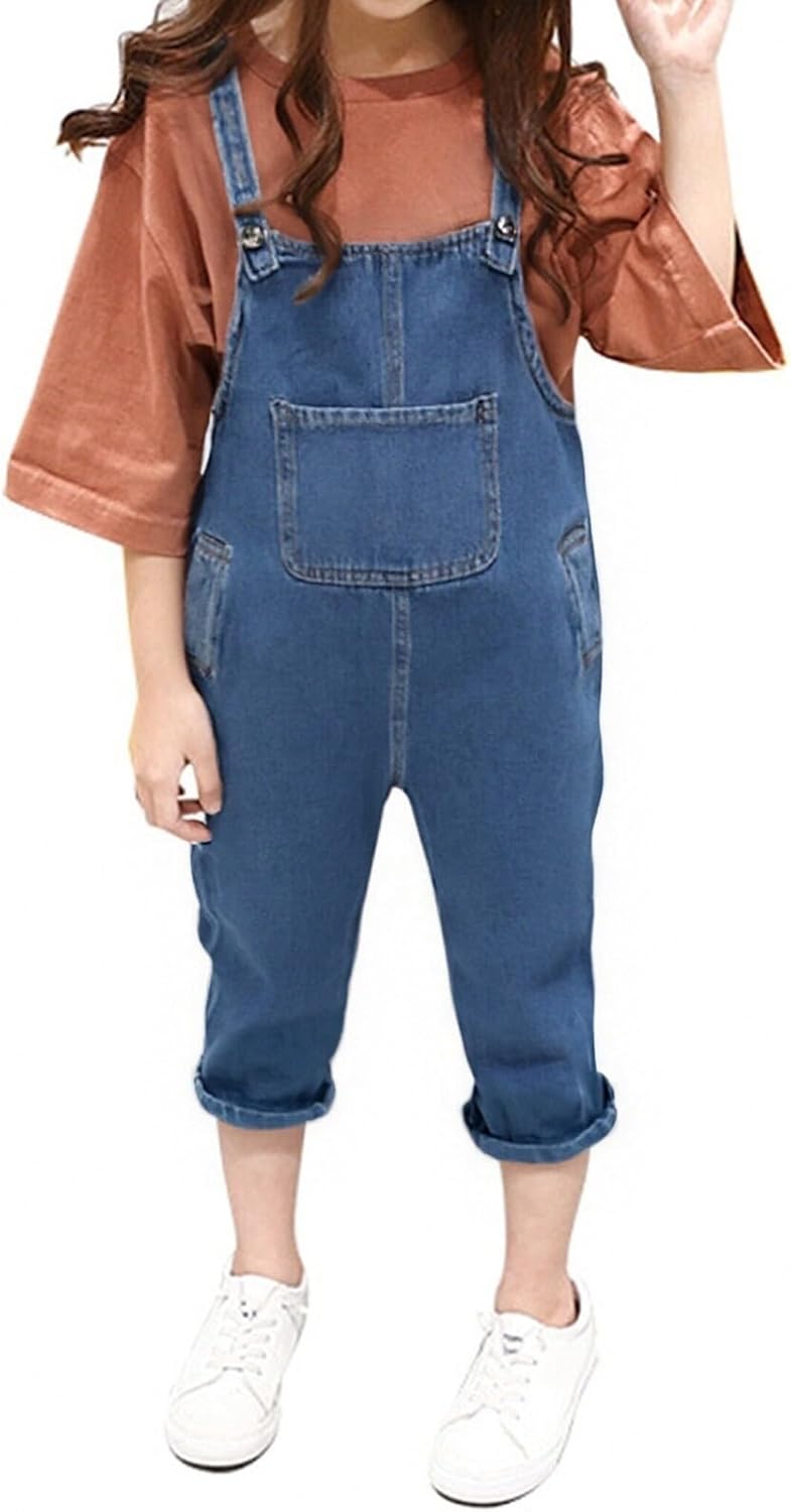 Girls Bibs Denim Overalls for Kids Spring Preppy Cute Slim Fit Jean Overall Toddler Insulated Casual Cuffed Hem Jumpsuit
