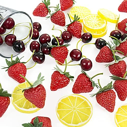 CABINAHOME Fake Strawberry Cherries Lemon Slices Fruits Set（70 pcs Set 40 Simulation Fake Cherries 10 Artificial Lemon Slice 20pcs Fake Strawberry for Craft