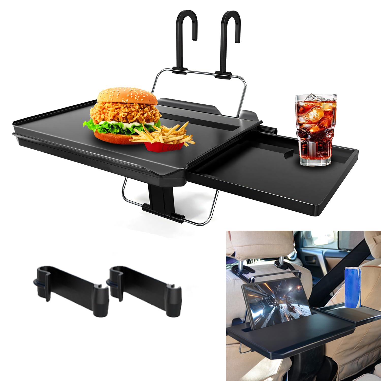 Car Steering Wheel Tray, Steering Wheel Table With Hook, Foldable Hanging Rear Headrest Car Tray with Expandable Tray and Beverage Cup Slot, 2 in 1 Car Desk for Laptop Work, Eating, Drinking