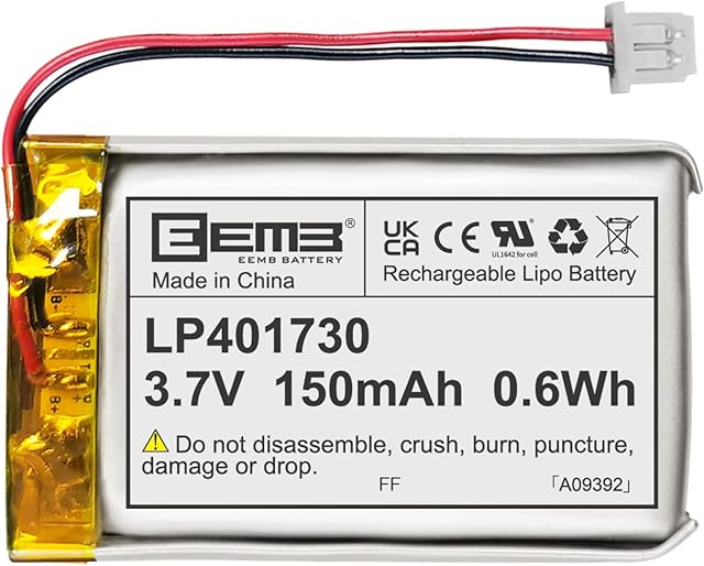 EEMB Lithium Polymer battery 3.7V 150mAh 401730 Lipo Rechargeable Battery Pack with wire Molex Connector for VXI Blue Parrott - confirm device & connector polarity before purchase