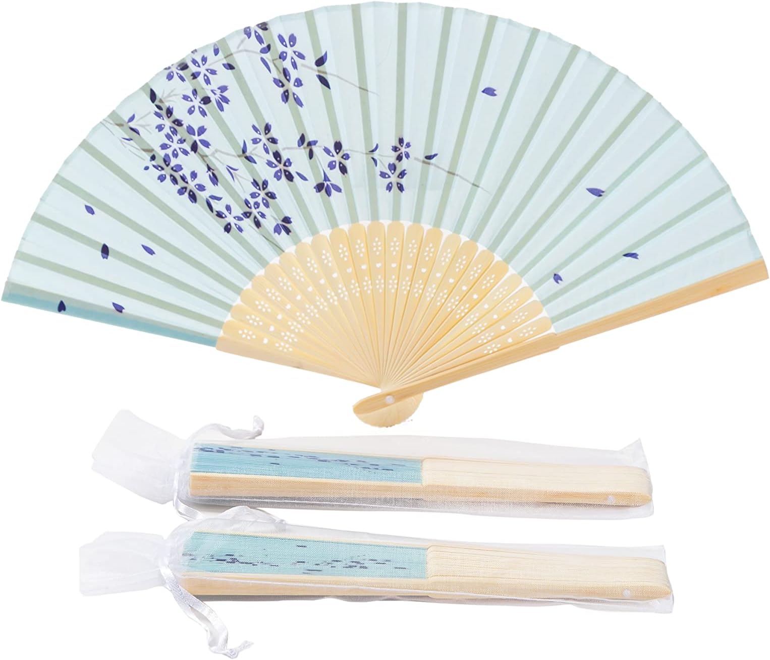 Sepwedd 50pcs Blue, Small Flowers Pattern Imitated Silk Fabric Bamboo Folded Chinese Hand Fan Bridal Dancing Props Church Wedding Gift Party Favors with Gift Bags(Q65)