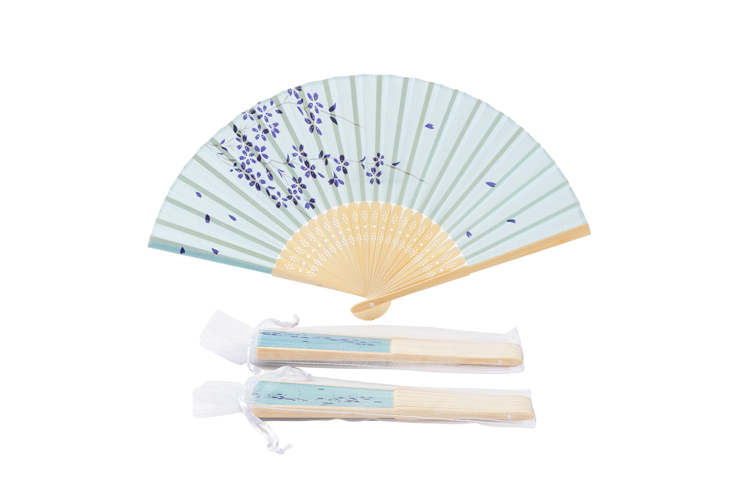 Sepwedd 50pcs Blue, Small Flowers Pattern Imitated Silk Fabric Bamboo Folded Chinese Hand Fan Bridal Dancing Props Church Wedding Gift Party Favors with Gift Bags(Q65)