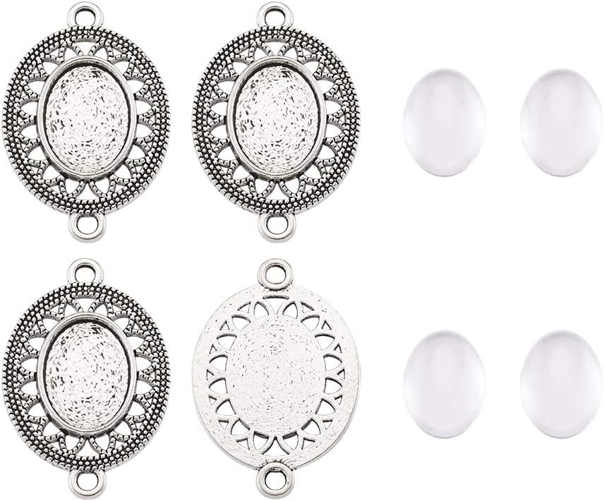FASHEWELRY 6 Sets Tibetan Style Alloy Oval Bezel Pendant Trays with Glass Cabochons 3 Loops Base Connector Settings for DIY Jewelry Making