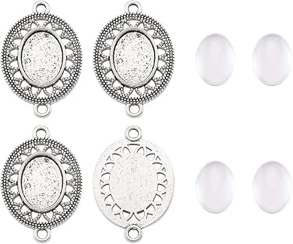 FASHEWELRY 10 Sets Tibetan Style Alloy Oval Bezel Pendant Trays with Transparent Glass Cabochons Hollow Blank Base Connector for DIY Photo Pendant Making