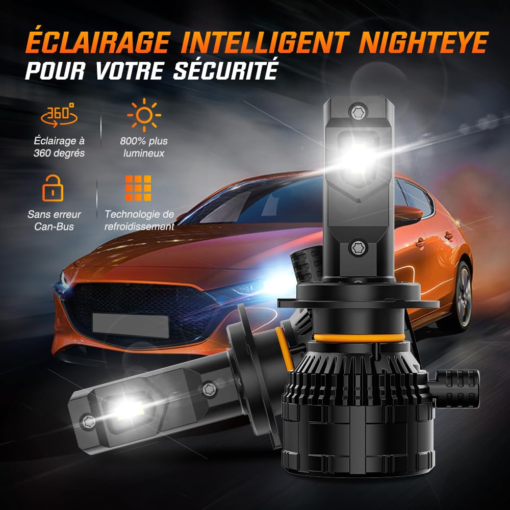 NIGHTEYE Lampadina LED H7 42000LM - 200W H7 LED bianco freddo 6500K, Lampada Sostituzione per Alogena, Con ventola di raffreddamento, Plug and Play, Impermeabilità IP68, Confezione da 2