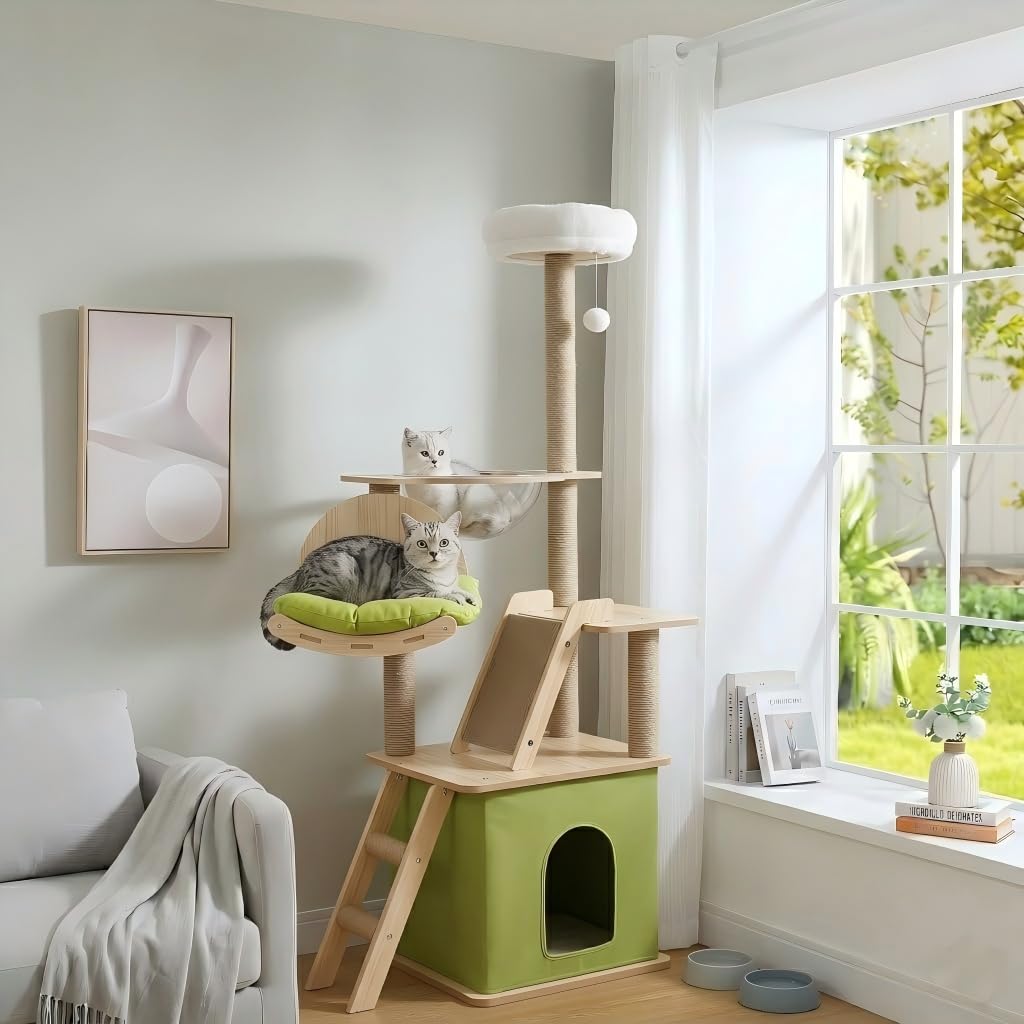 Albero per gatti - 150 cm Torre per gatti - Albero per gatti per interni - Con casa per gatti, capsula spaziale trasparente, piattaforma di salto in peluche, pallina giocattolo, cuscinetto in