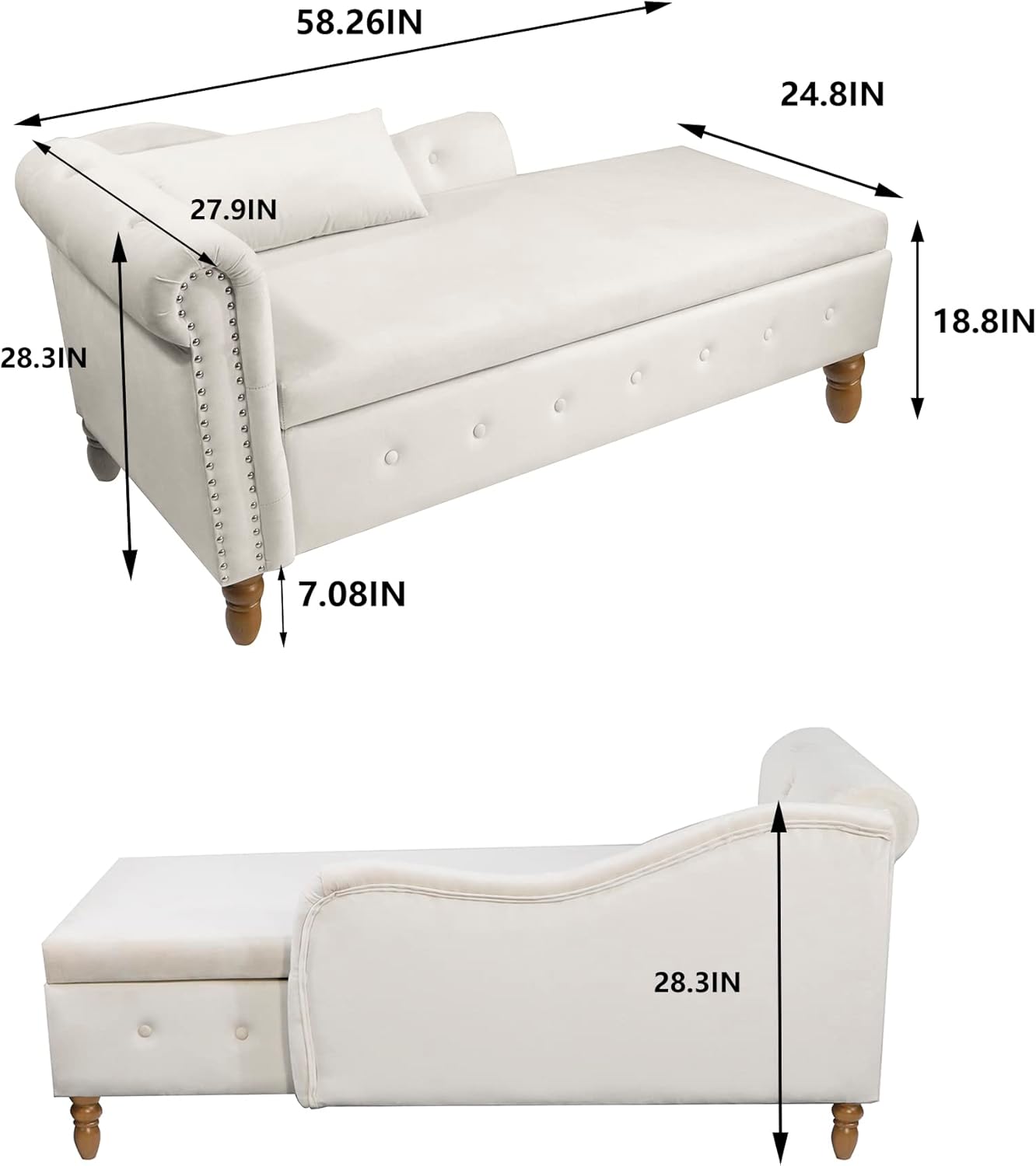 Velvet Storage Chaise Lounge with Pillow - Modern Button Tufted Velvet Lounge Chair End of Bed Storage Bench with Nailhead Trim & Solid Wood Legs, Sleeper Sofa with Storage for Living Room (Beige)