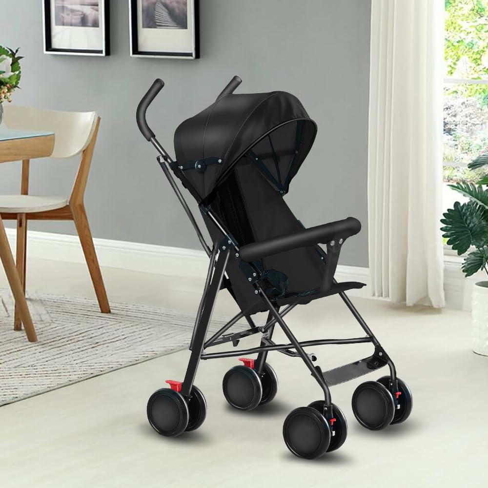 Poussette Canne Ultra Légère Compacte Pliable Inclinable Naissance à 25 kg avec Système Trolley Housse de Pluie Capote Extensible Noir