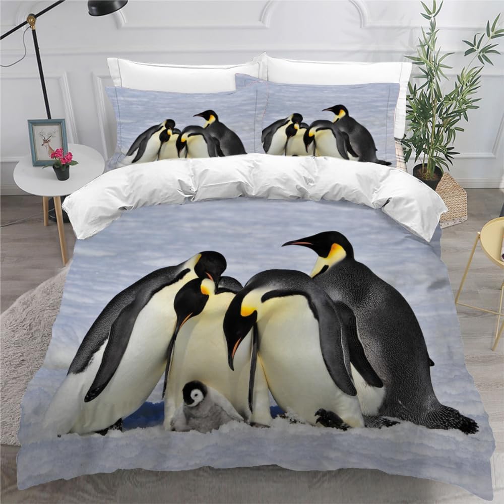 MEVASA King Bedding Set Penguin 3d Printed Girls Boys Adults Soft Microfiber Fluffy Breathable Kingsize Duvet Cover Set Winter Snow Bedding King Size with 2 Pillow Cases /230x220