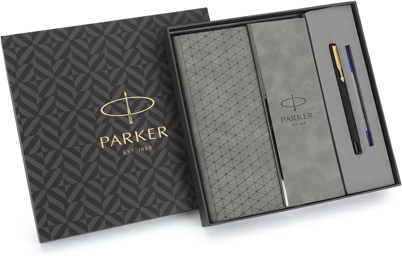 Parker Gift Set | Vector Matte Black Gold Trim Roller Ball Pen Grey Flip PU Notebook | 1 Pen + 1 Note Book| Ink Color - Blue