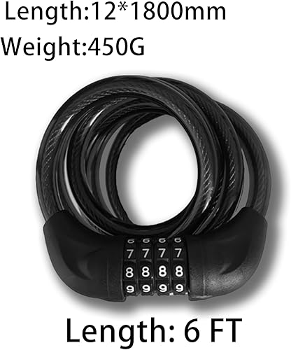 Miniatura 2 de Candado de cable de bicicleta de 6 pies de largo, cerradura de combinación reiniciable de 4 dígitos, cable de acero resistente con revestimiento de