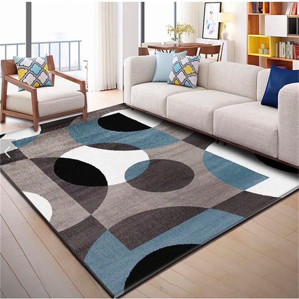 Tapis salon moderne géométrique bleu gris 200x260cm antidérapante