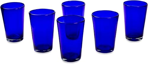 NOVICA Juego de 6 vasos hechos a mano soplados a mano, color azul reciclado, diseño de ángulos de cobalto