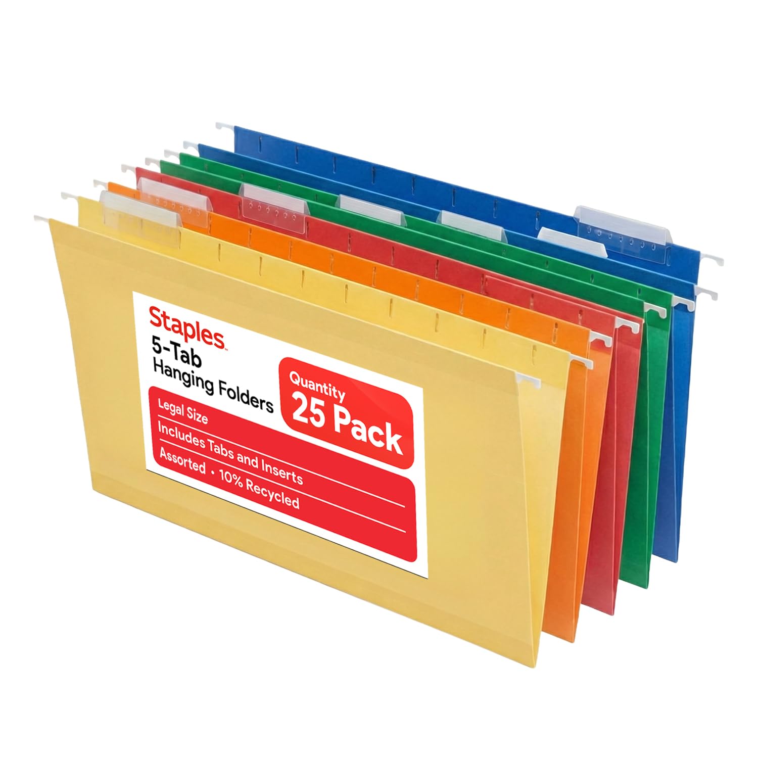 Staples Heavy‑Duty Reinforced Hanging File Folders, Legal Size, 1/5‑Cut Tabs, Assorted Colors, Durable Box‑Bottom Construction – 25/Box