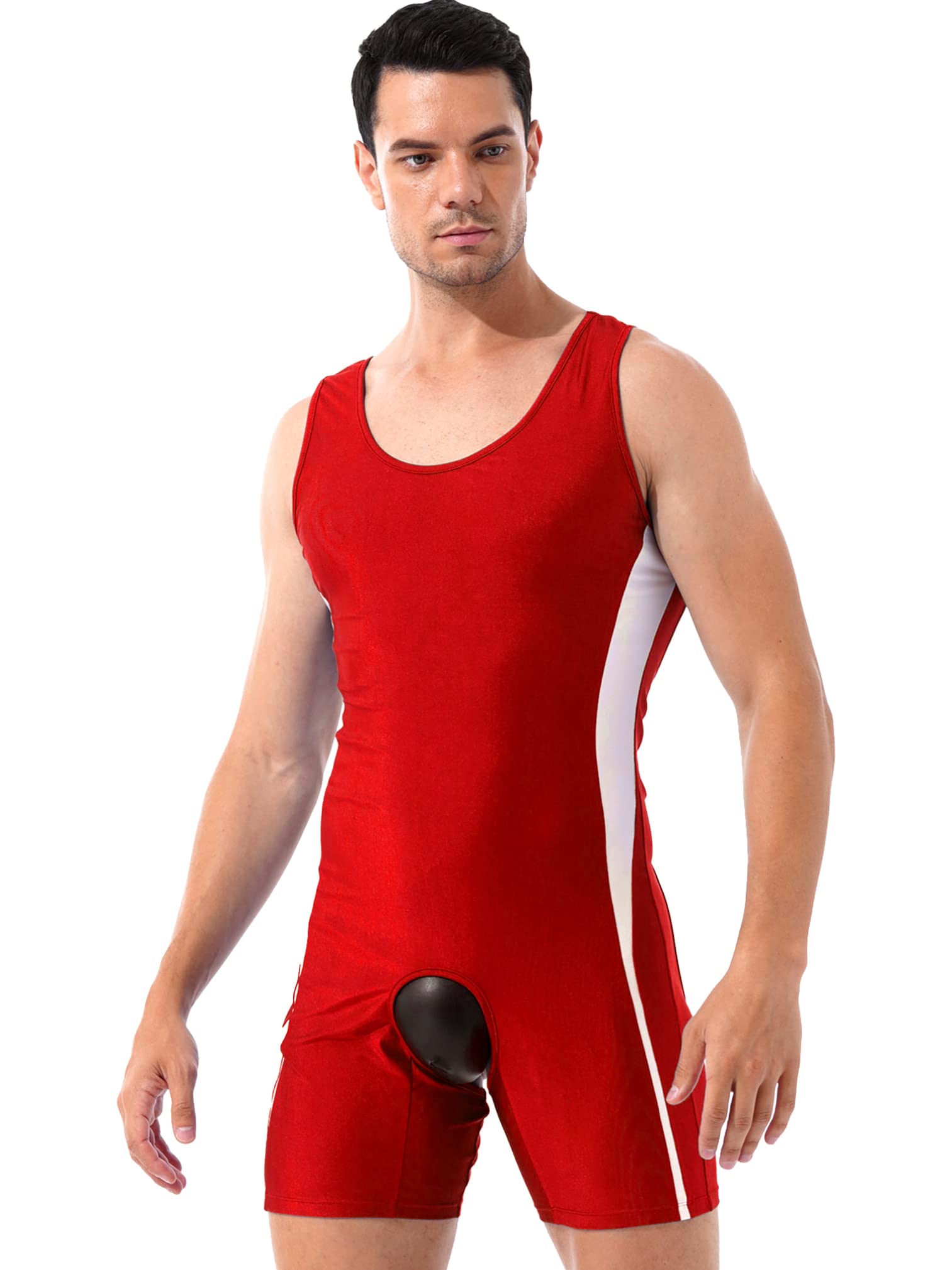 Agoky Men One Piece Wrestling Singlet Workout Sports Athletic Leotard Open Butt Boxer Shorts Jumpsuits Red L