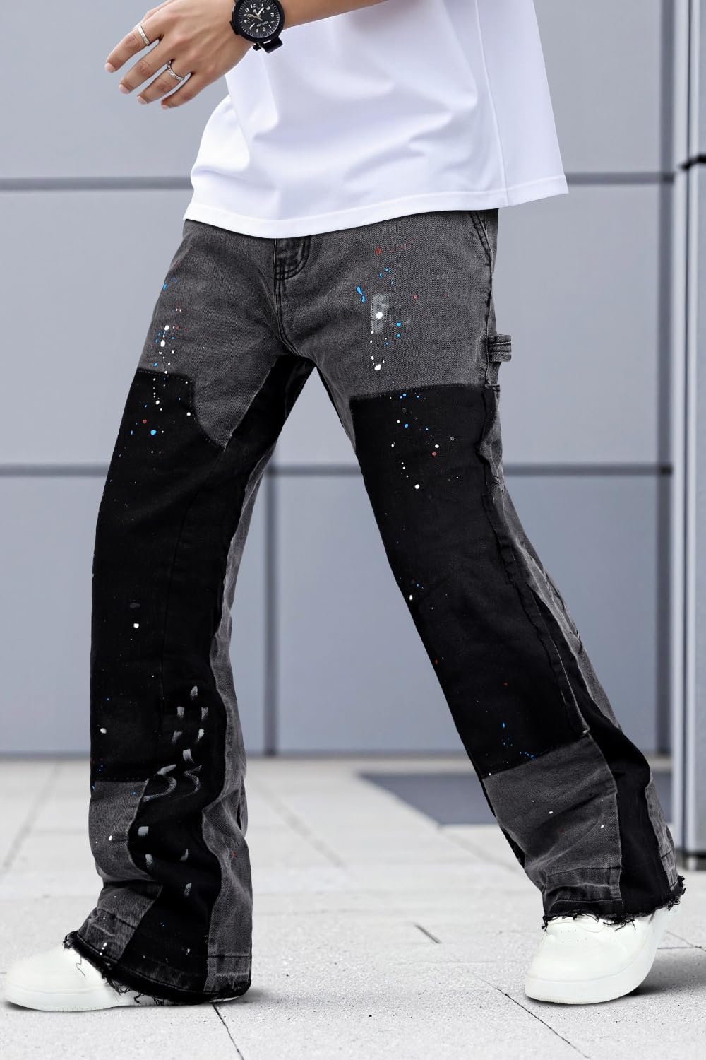 GINGTTO Mens Flared Jeans Streetwear Stretch Slim Fit Carpenter Denim Pants for Men Contrast Painted Design Grey 32 - Image 8